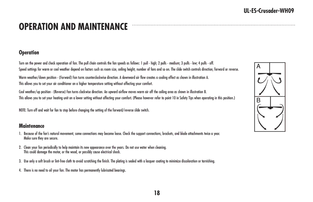 Westinghouse UL-ES-Crusader-WH09 owner manual Operation And Maintenance 